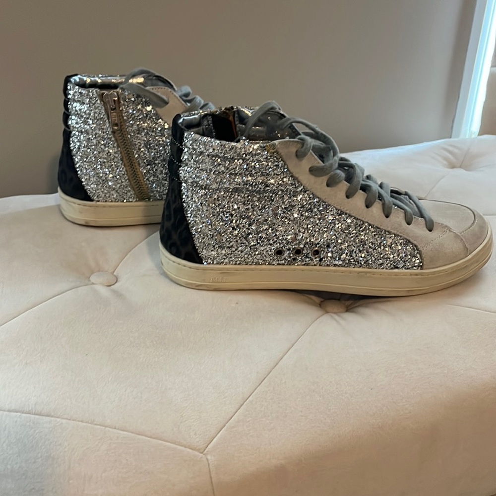 P448 silver glitter and leopard high tops size 8